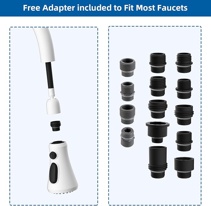 Hibbent Pull Down Spray Head for Kitchen Faucet, 3-Function Spray Nozzle | NSF/ANSI/CAN 61/372 & cUPC Certified Sink Faucet Head Replacement, 15 Adapters, Compatible with Moen, Delta, Kohler, White