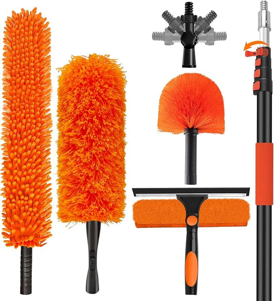 20FT High Reach Duster with Extension Pole 3-12FT, 4-in-1 Cleaning Kit | with Universal Swivel Joint, High Ceiling Fan Cleaner Duster, Cobweb Duster, Microfiber Feather Duster and Window Squeegee