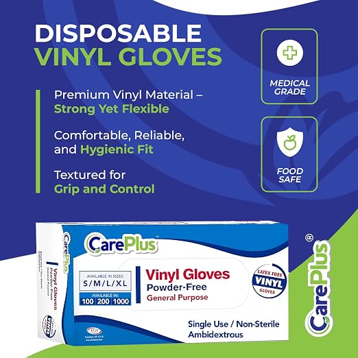 CARE PLUS Vinyl Gloves Clear Small, Disposable Latex Free, 100 Count | Powder free exam grade protection for food service, salons & housekeeping; ambidextrous, tear resistant, comfortable fit