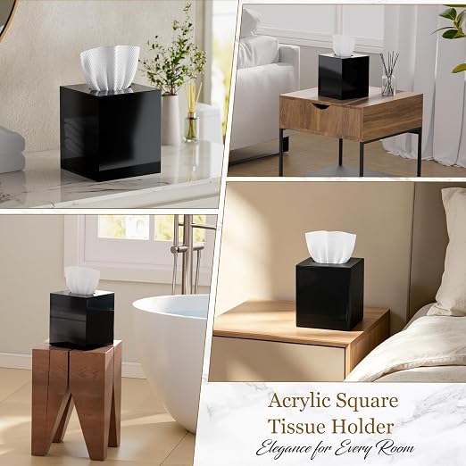 3.5 Gal Black Bathroom Trash Can with Lid & Acrylic Square Tissue Box Cover | Covered Slim Trash Can With Tissue Box Holder Helps Organize Bathroom, Bedroom, And Living Spaces While Saving Room