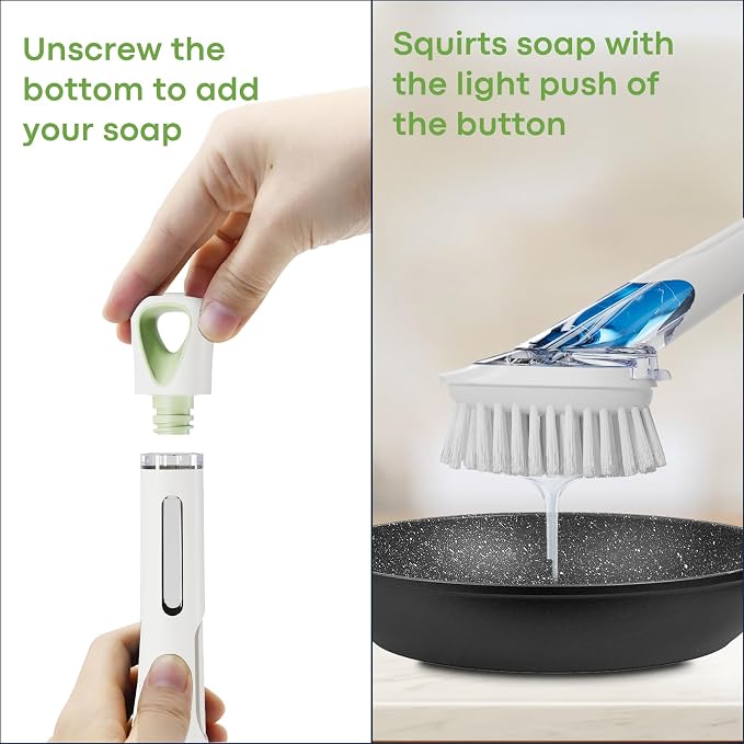 RIMAY Soap Dispensing Dish Brush Set with 2 Brush Refills and Holder | Dish Scrubber with Handle Kitchen Dishwashing Brush Dish Wand for Dishes, Pans, Pots And Sink, White