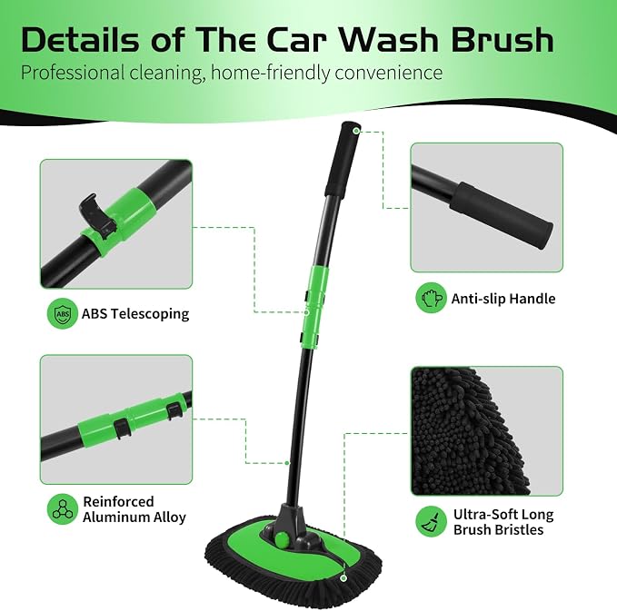 HIPPIH 15° Curved Car Wash Brush with Long Handle, 2 Scratch-Free Mop Heads | 43" Microfiber Car Cleaning Brush with Extension Pole, Exterior Car Wash Supply Kit for Roof RV Truck Camper SUV Caravan Boat