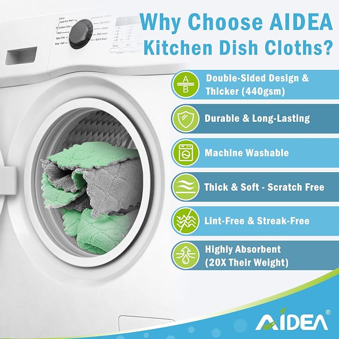 AIDEA Kitchen Dishcloths, 12 PK Absorbent Dish Towels Coral Fleece 6"x10.4" | Reusable Microfiber Cleaning Cloth No Odor No Pilling, Fast Drying Kitchen Towels, Multi Purpose Dish Rags for Washing Dishes