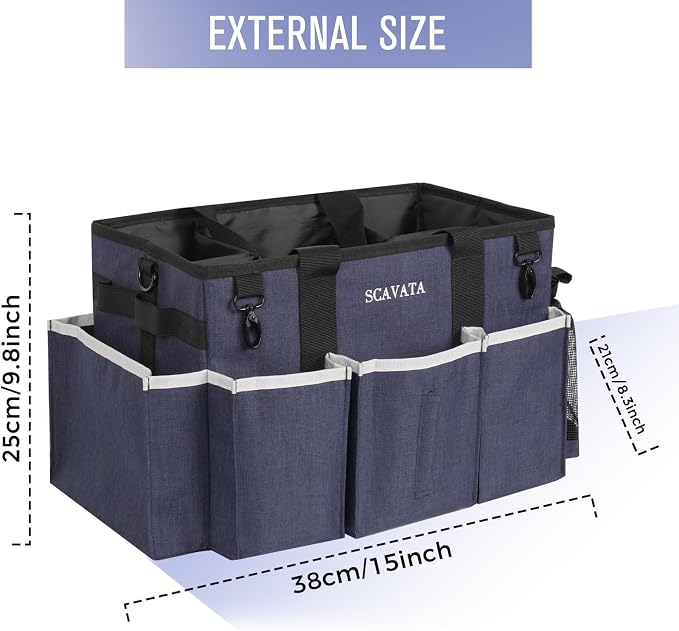SCAVATA Wearable Caddy Bag, Cleaning Supplies Organizer With Handle & Shoulder Straps for Housekeepers, Under Sink & Car Tool Organizers With 4 Foldable Divider (NavyBlue)