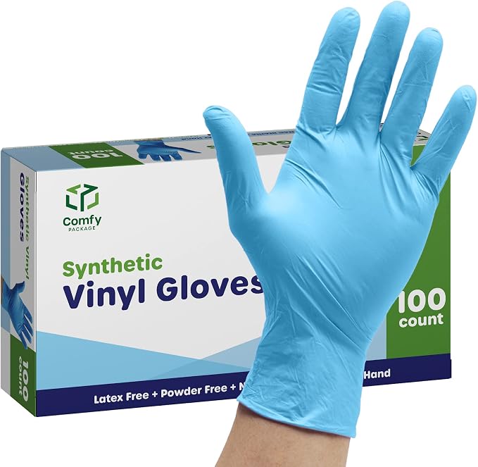 Comfy Package Synthetic Vinyl Blend Disposable Plastic Gloves Non-Sterile, Powder & Latex Free