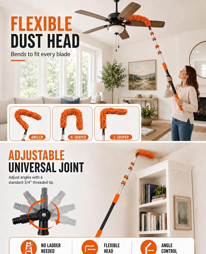 20 FT Ceiling Fan Cleaner Dusters with Telescoping Extension Pole | Extendable Duster for High Ceiling, Light Bulb Changer, Window Squeegee Washing Kit, Cobweb Brush Duster