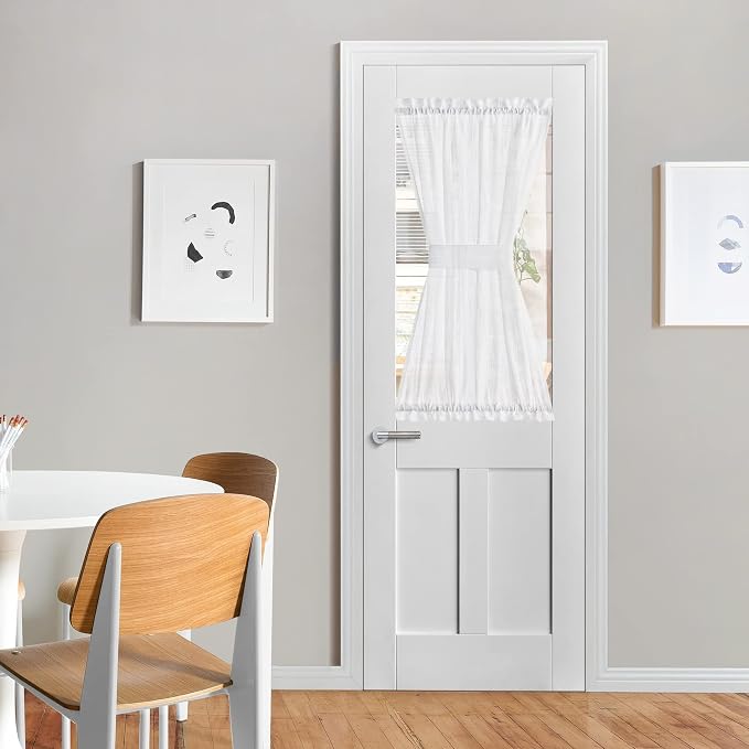 NICETOWN White Linen Sheer French Door Curtain 40 Inches Long | Rod Pocket 1 Panel, Light-Filtering Privacy Window Decor with Tieback, Privacy, Kitchen Patio Glass, 26 Inches Wide