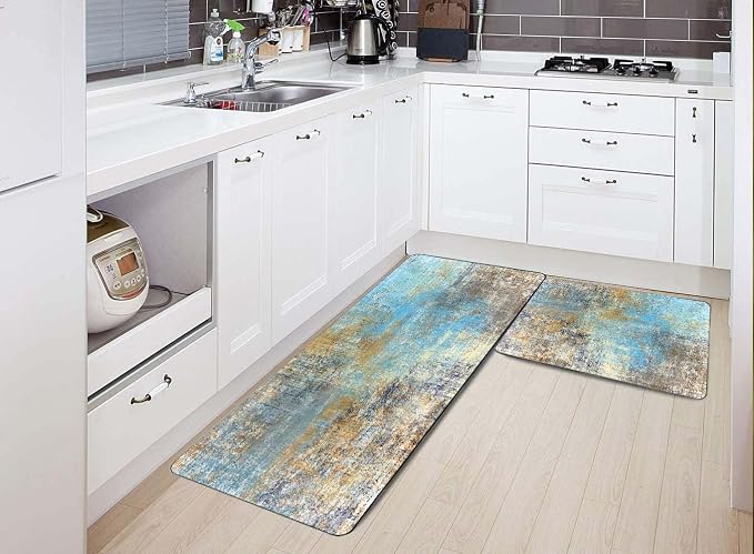 TOMWISH Kitchen Rugs Brown and Blue Set of 2 Floor Comfort Mats Non Slip | Washable Kitchen Sink Area Rug Farmhouse Kitchen Floor Mats for in Front of Sink Kitchen Décor Laundry 18"X48"+18"X30"