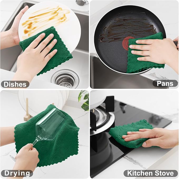 Homaxy 12 Pack Super Soft & Absorbent Dish Cloths, 10" x 10", Dark Green | Coral Velvet, Nonstick Oil Fast Drying Microfiber Cleaning Cloth, No Lint Household Dishcloths