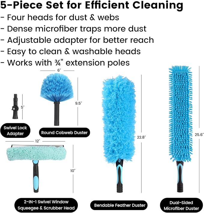 Ceiling Fan Duster Kit 5-in-1 – Screw-On Cobweb Duster, Squeegee & Microfiber Heads – Washable Bendable – Fits Standard 3/4" Threaded Extension Pole – House Cleaning Kit, Blue