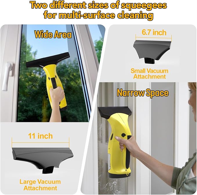 Rechargeable Window Vac, Electric Window Vacuum Squeegee, with 11 in. and 6.7 in. Squeegee Blades, Cordless Window Vacuum Cleaner Set for Cleaning Windows, Shower Doors, Mirrors, Tiles