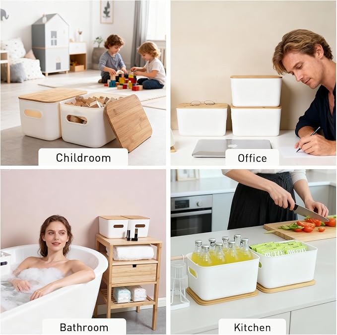 Citylife 7 QT Storage Bins with Bamboo Lids, Stackable with Handles, 4-Pack | Small Plastic Storage Bins with Lids for Toys, Desk Supplies, Snacks, Shelves, and Organizing Small Household Items