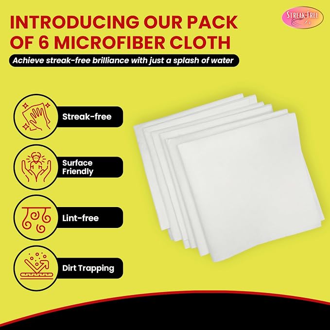 Streak Free/3 Microfiber Glass Cleaning Cloth, 6 Pack, Lint Free & Reusable | 16" x 16" Lint-Free Window & Mirror Cleaning Towels, Streak-Free Reusable Cloths for Glass, Cars & Home - Just Use Water