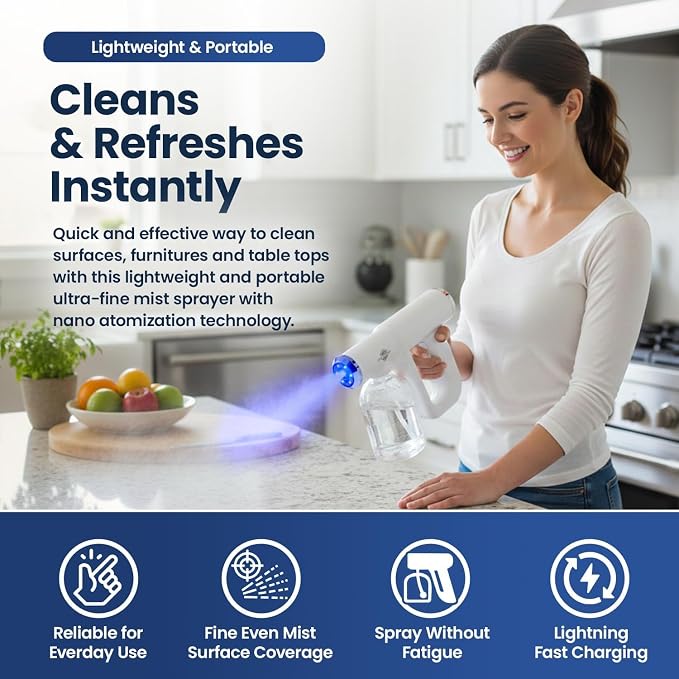 Nano Spray Gun, Cordless Atomizer Sprayer and Fogger Applicator, White | Sanitizer Mister with Blue Light, 320ml Tank for Disinfectant Liquids, 3 Meter Reach, USB-C Rechargeable, 1 Year Warranty