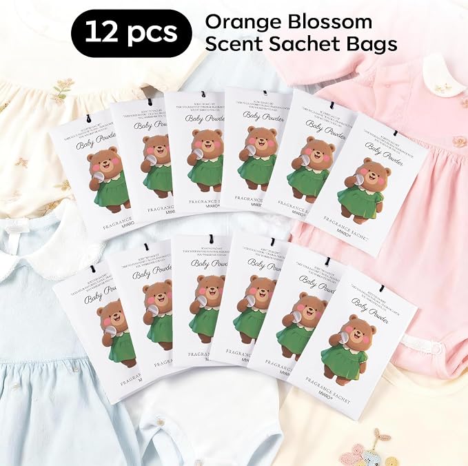 MYARO 12 Pack Baby Powder Scented Sachets, Closet Deodorizer Car Freshener | Long-Lasting Sachet Bag, Odor Eliminator for Closet, Drawer, Bathroom, Clothes, Fabric Refresher, Home Fragrance Gift Set
