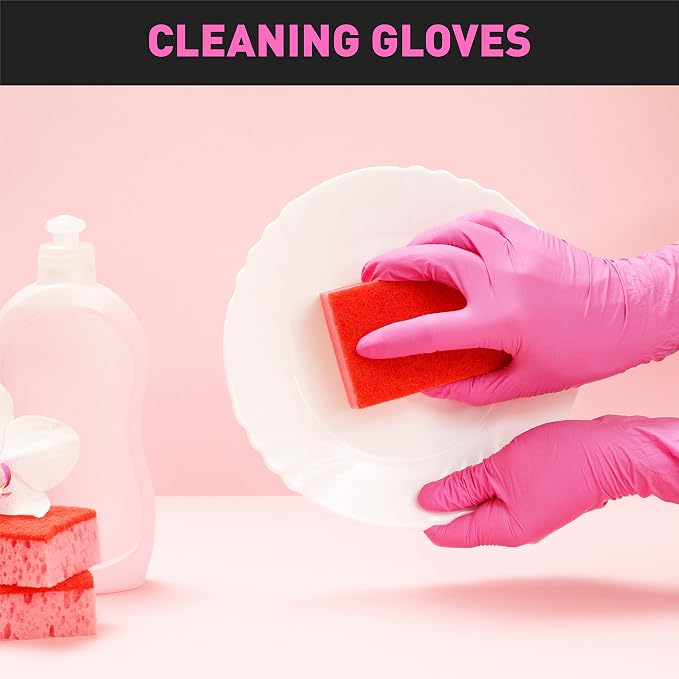 OKIAAS Black/Pink Vinyl Disposable Gloves Latex Free, Food Grade, 5 mil, Cooking, Cleaning, Hair Dye, 50/100/200/1000 Count