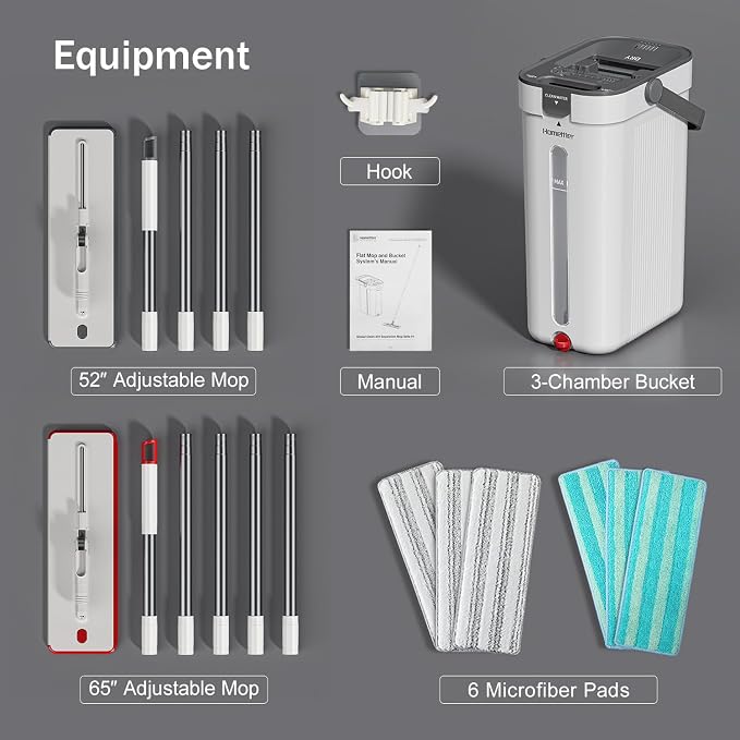 HoMettler Dual Mop and Bucket Set, Flat Mop and Bucket System with Separate Dirty and Clean Water, 3-Compartment Wall Cleaner Mop, Flat Mops for Floor Cleaning with 6 Microfiber Pads - White