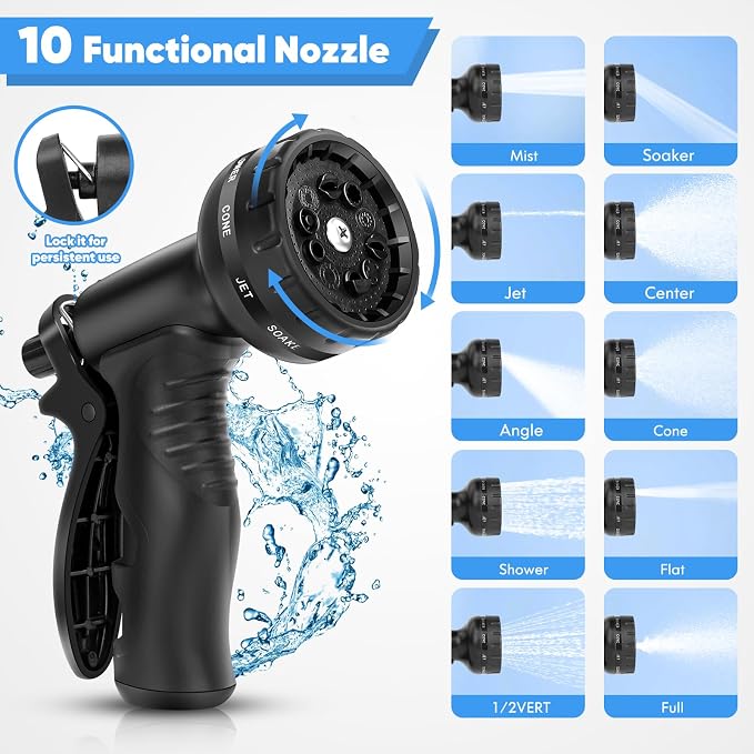 Garden Hose, Water Hose with 10 Function Nozzles, No Kinks, Flexible Hose, Lightweight, Puncture Proof Hose for Yard and Outdoor（53FT）