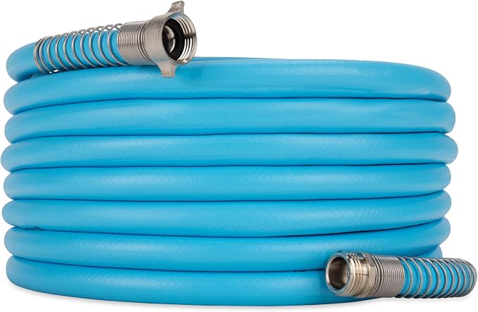Camco EVOFlex 50-Ft RV Drinking Water Hose - Features Extra Flexible Design w/Stainless Steel Strain Relief Ends - Lead-Free, BPA-Free and Phthalate-Free - 5/8” Inside Diameter (22596)