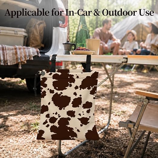 Dark Brown Cow Print Car Garbage Bag Canvas Trash Can | Rustic Animal Print Drawstring Car Trash Bag Hanging for Back Seat with Adjustable Buckle