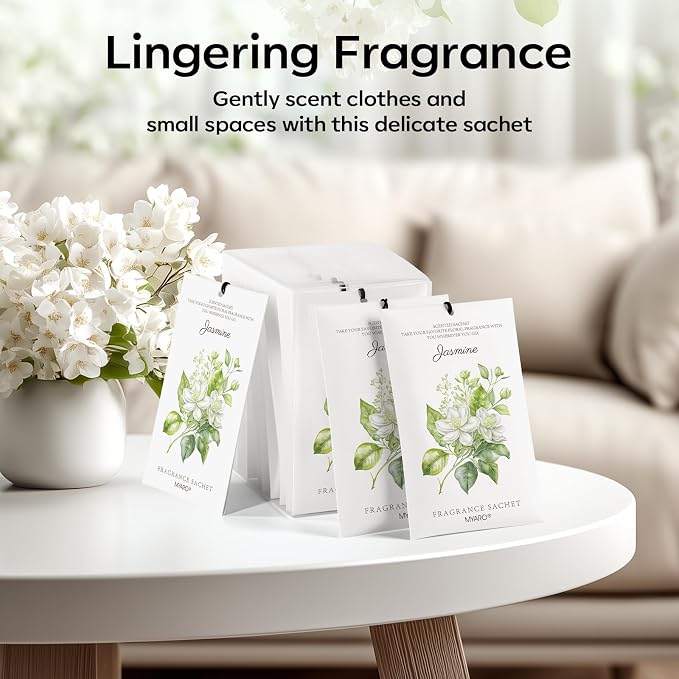 MYARO 12 Pack Jasmine Scented Sachets, Closet Deodorizer Car Air Freshener | Long-Lasting Sachet Bag, Odor Eliminator for Closet, Drawer, Bathroom, Clothes, Fabric Refresher, Home Fragrance Gift Set