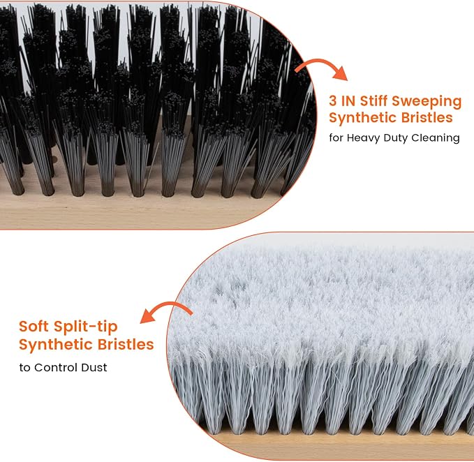 ALANNG 24” Push Brooms for Indoor and Outdoor, Heavy Duty Broom for Sweeping with 61” Wood Handle, Soft Bristle and Stiff Bristle Broom Set for Shop, Garage (2 Pieces)