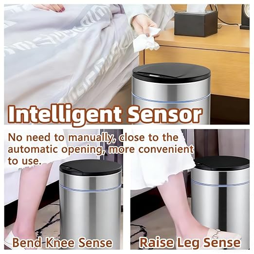 Garbage Can with Lid, Intelligent Sensor Opening (1, Silver) | Smart Trash Can for Living Room, Bedroom, Kitchen and Bathroom