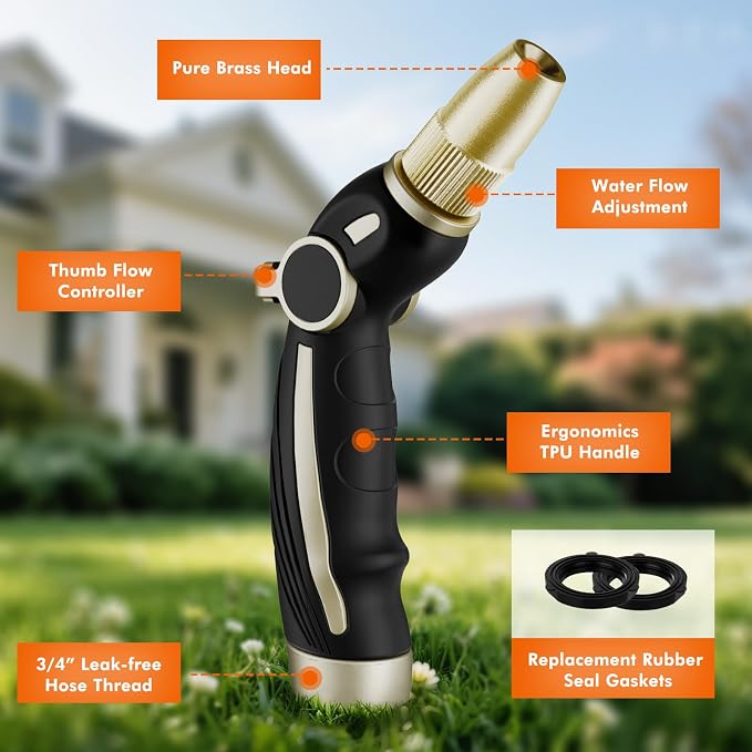 RESTMO Garden Hose Nozzle, Heavy Duty Water Hose Sprayer Nozzle, Black | Brass Head, Thumb Control, Adjustable 4 Spray Patterns, Leak-proof, Metal Hose Nozzle for Outdoor Lawn & Plant & Car