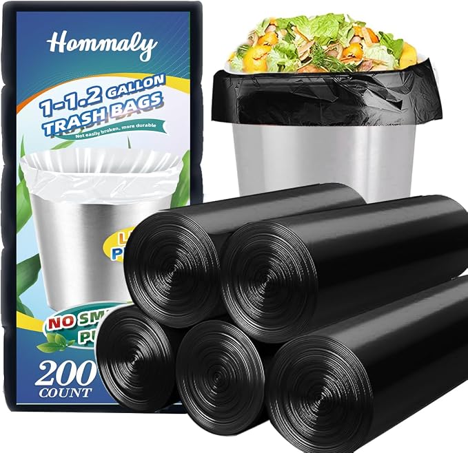Hommaly 1 Gallon (Fit 1-1.2 Gal)200 pcs Small Black Trash Bags, Strong 1.2 Gallon Garbage Bags,Bathroom Trash Can Bin Liners,Mini Plastic Bags for Office,Waste Basket Liner,Fit 4.5,6 Liters-Black
