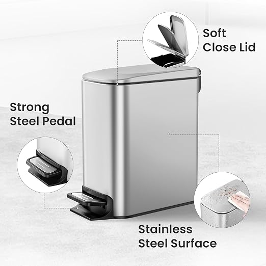 Cesun Small Bathroom Trash Can with Lid, 1.6 Gal, Soft Close, Sliver | Step pedal soft close, Slim 5.9in fits narrow spaces, Stainless steel, Anti-fingerprint, Removable inner bucket, Odor seal