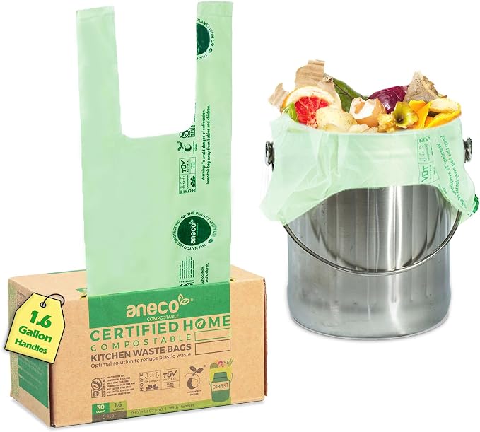 ANECO 100% Compostable Food Waste Bags 1.6 Gallon With Handles (30 Count) | Small Compost Bags for Countertop Bin, OK Compost HOME & BPI Certified Compostable Kitchen Food Waste Bags