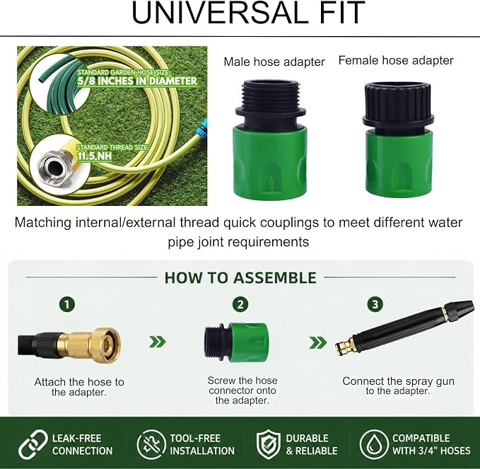 High Pressure Hose Nozzle, Quick Connect Fits US Garden Hoses | Heavy-Duty Metal Direct Spray Hose Gun with 3/4" GHT Quick Connect. for Car Washing, Patio Cleaning, and Plant Watering