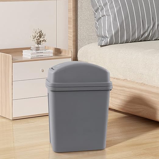 Idotry Plastic Swing Top Trash Can, Small Garbage Bin, 1.8 Gallon, Gray | Convenient Swing Top Lid, Space-Saving Slim Shape, Sturdy Thick Plastic, for bathroom, bedroom, living room