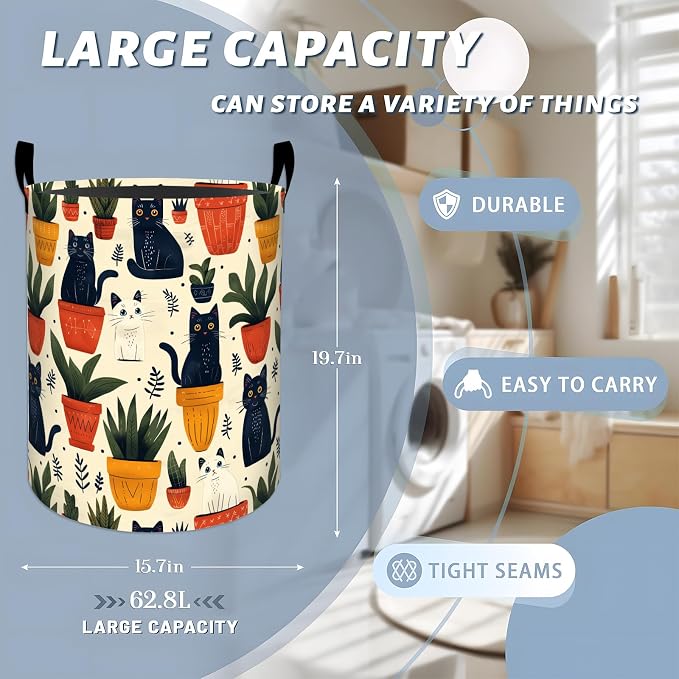 Cute Black Cat with Potted Plants Laundry Basket with Handles, 19.7"x15.7" Clothes Foldable Laundry Hamper Organizer for Dorm Nursery Bedroom Bathroom Decor, Toy Storage Bin for Kids