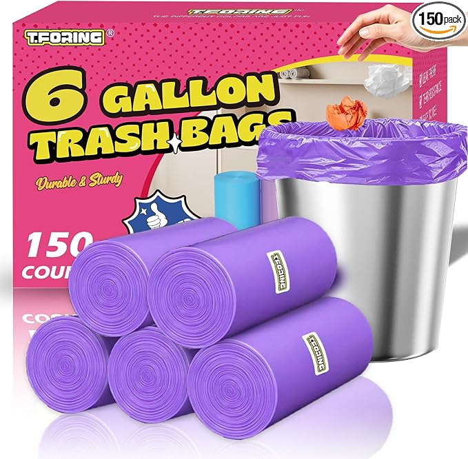 Medium 6 Gallon Trash Bags Unscented, 0.94 Mil, Purple, 150 Count | 22 Liter Garbage Bag, Plastic Waste Basket Can Liners, Thick, Leakproof, Tear Resistant, for Bathroom Office Kitchen Bulk