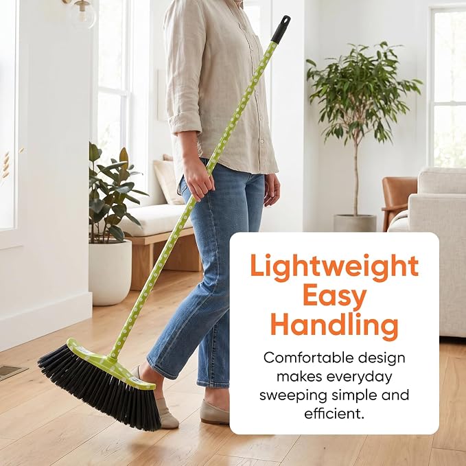 Superio Polka Dot Printed Broom, 2-Pack, Heavy-Duty Indoor & Outdoor Push Brooms with Black Plastic Bristles, Multi-Surface Floor Sweeper, Wooden Handles, 12-Inch Wide Sweeping Head