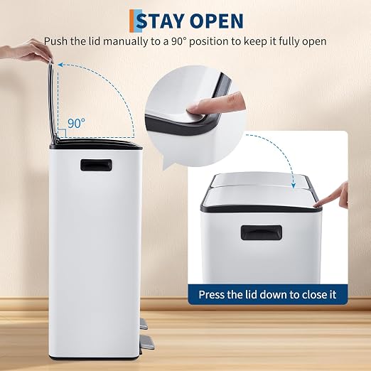 Garvee 16 Gal Dual Compartments Kitchen Trash Can, Stainless Steel, White | 2 x 30L Double Trash and Recycle Bin Combo, Removable Inner Bucket, Soft Close Lids, Metal Step Pedals, for Home Office