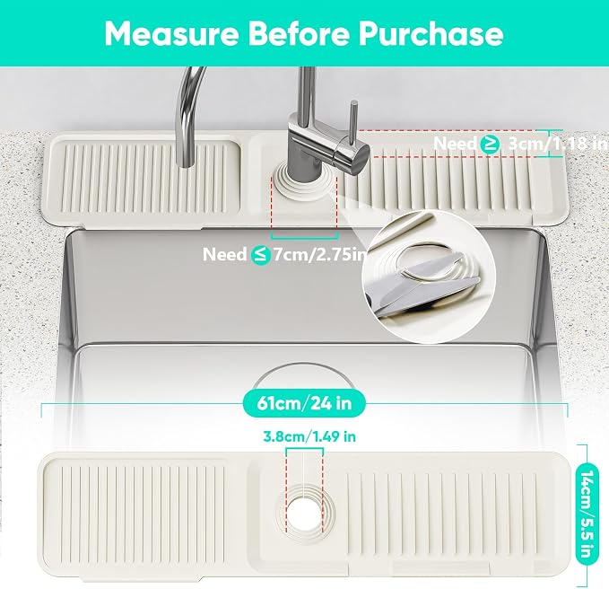 24'' Faucet Mat for Kitchen Sink [5°Slope Fast Self-draining] Faucet Mat Kitchen Sink Splash Guard Silicone Sink Faucet Mat Splash Guard Kitchen Sink Area Tidy Splash Faucet Guard Draining Mat-Beige