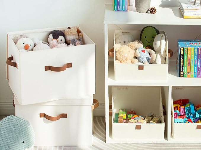 StorageWorks Fabric Storage Bins with Lids, Closet Storage Bins | Flip-Top Lid, 3 Handles, Collapsible, Stackable, for Clothes Blankets, Multi-Purpose, Jumbo, Ivory White, 2-Pack