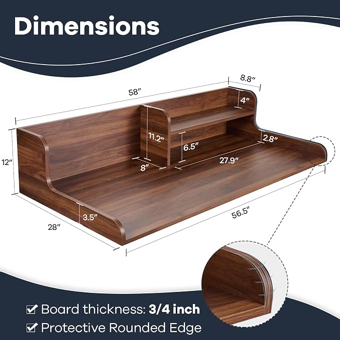Washer Dryer Countertop 2 Tier 58 inches Wide, Laundry Shelf Topper with Edge, 58" W x 28" D x 12" H Laundry Space Organizer, Dark Walnut