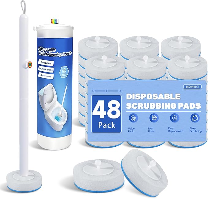 Disposable Toilet Brush with 48 Refills and Replaceable Scrubber Heads | Toilet Bowl Cleaner Wand and Wall-Mounted Holder, Space Saving Bathroom Cleaning System for Home, Apartment and RV