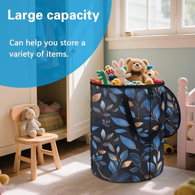 Vintage Blue Leaf Print 24 Gallon Camping Waster Bags with Lid and Handles Reusable Lawn Garden Bags Collapsible Trash Can for Outdoor Picnics Yard