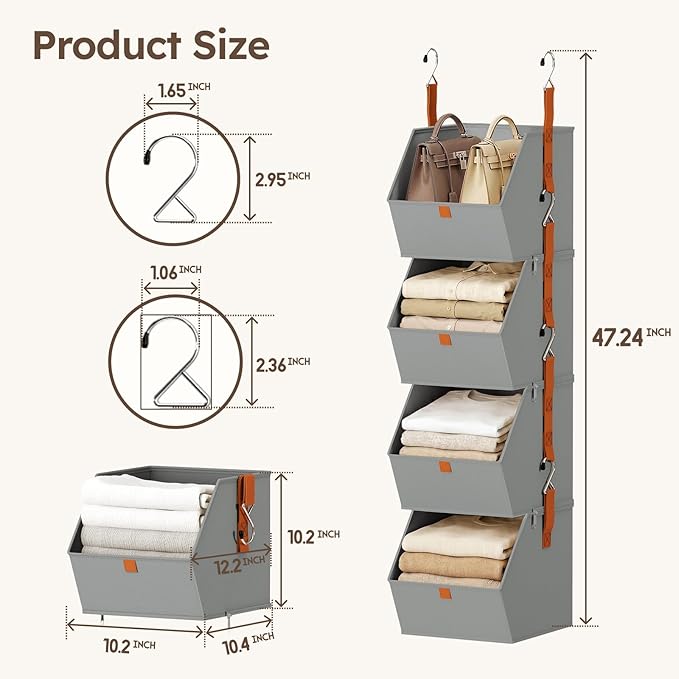 Hanging Closet Organizer 4 Tier - Clothes Hanging Shelves, Space-Saving Closet System, Fabric Storage Bins Bedroom Organization, Collapsible Baskets for Home, Dorm, Rv, Grey
