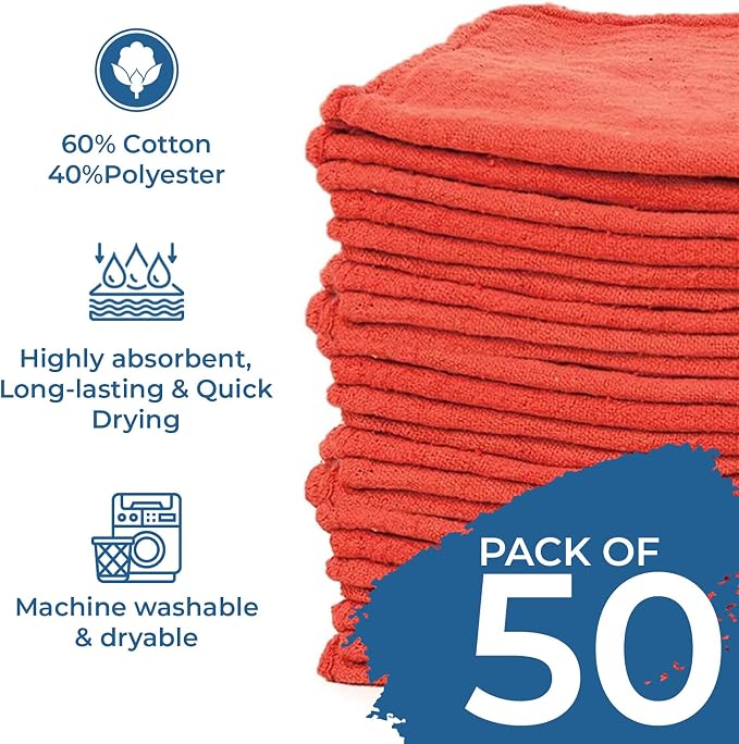DAN RIVER Shop Towels 12x14 inc 50 Pack Red Terry Cloth Rags | Washcloths for Cleaning Cars & Household Surfaces Well Absorbent, Reusable Cleaning Rags Washable 60% Cotton 40% Polyester
