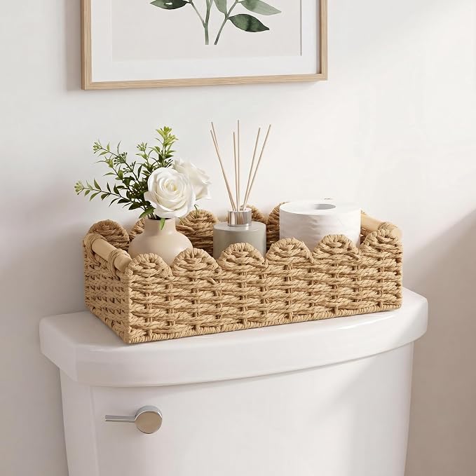 StorageWorks Toilet Paper Storage Basket, Toilet Basket with Wooden Handles | Scalloped Wicker Basket for Living Room, Decorative Scalloped Baskets for Storage, Wicker Baskets for Organizing and Decor