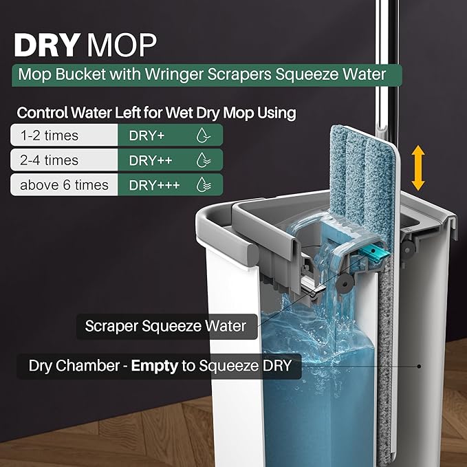 JOYMOOP Flat Mop System, Microfiber Mop and Bucket Set, White, Hands-Free Wet and Dry Floor Cleaning for Household and Commercial Use, Includes 5 Washable Pads