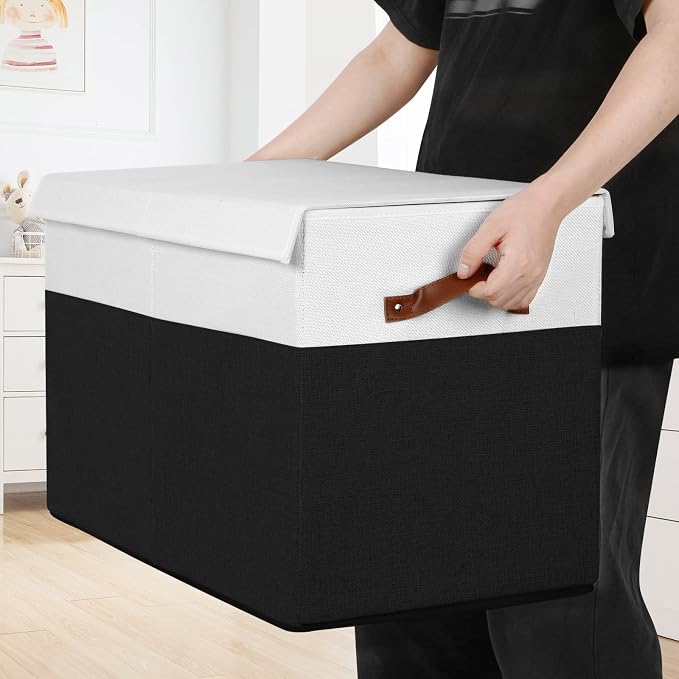 Large Toy Storage Box with Lid, Toy Chest Bin Boxes Basket with Dividers | Sturdy Toy Organizer Bin for Kids, Boys, Girls, Nursery, Living Room, Bedroom, Playroom 25"x13" x16" (Black and White)