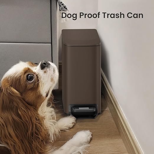 Cesun Small Bathroom Trash Can with Lid, 1.6 Gal, Soft Close, Brown | Step pedal soft close, Slim 5.9in fits narrow spaces, Stainless steel, Anti-fingerprint, Removable inner bucket, Odor seal
