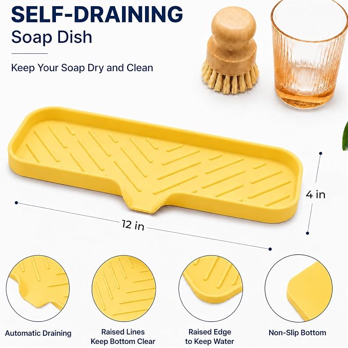 MicoYang Silicone Soap Dish with Drain Spout — Self-Draining Double Sink Organizer Tray for Kitchen & Bathroom, Dispensers, Sponges & Soap Holder, Non-Slip & Dishwasher Safe, Yellow (Large, 12"×4")