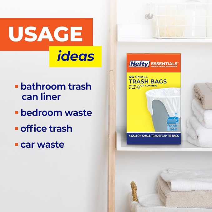 Hefty Essentials 4 Gallon Trash Bags, White, Fresh Linen Scent, 80ct | Bulk Pack, 4G Small Trash Bags for Bathrooms, Bedrooms, Dorm Rooms, Home Offices, Flap Tie Closure, Fits Small Wastebaskets